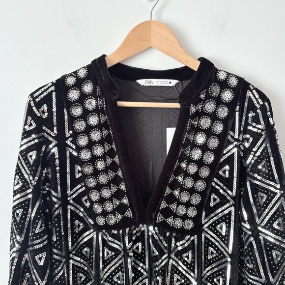 Zara Velvet Embroidered Sequin Short Dress NWT Black Silver Size Small - Picture 9 of 14